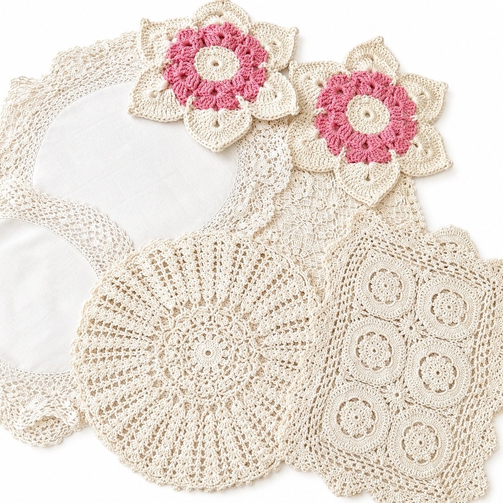 Lot of 8 Vintage Primitive Crochet Lace Doilies Table Toppers Cottage Farmhouse
